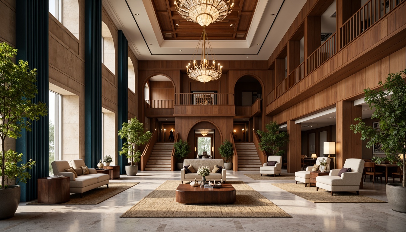 Prompt: Luxurious hotel lobby, rich wood tones, ornate furnishings, velvet drapes, golden accents, crystal chandeliers, marble floors, soft warm lighting, elegant archways, grand staircases, neoclassical columns, subtle patterned rugs, muted earthy colors, creamy whites, deep blues, emerald greens, warm beige, sophisticated ambiance, refined details, ornamental moldings, lavish textiles, intricate carvings.