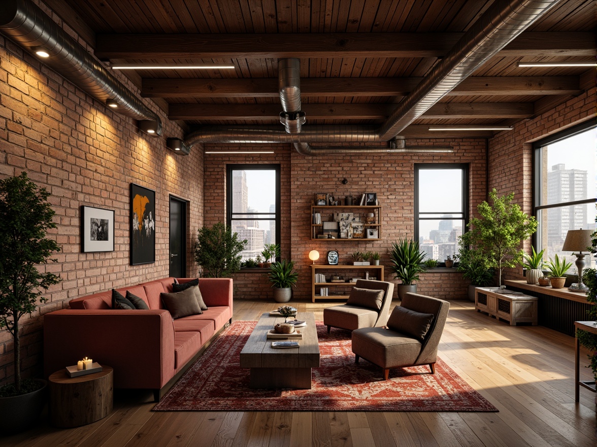 Prompt: Exposed brick walls, wooden beam ceilings, industrial metal pipes, reclaimed wood floors, vintage decorative items, soft warm lighting, cozy reading nooks, plush velvet sofas, distressed leather armchairs, eclectic art collections, lush greenery, natural stone accents, minimalist decor, open floor plans, high ceilings, large windows, cityscape views, urban landscape, romantic ambiance, warm color palette, rustic textures, shallow depth of field, 1/1 composition, panoramic view, realistic renderings, ambient occlusion.