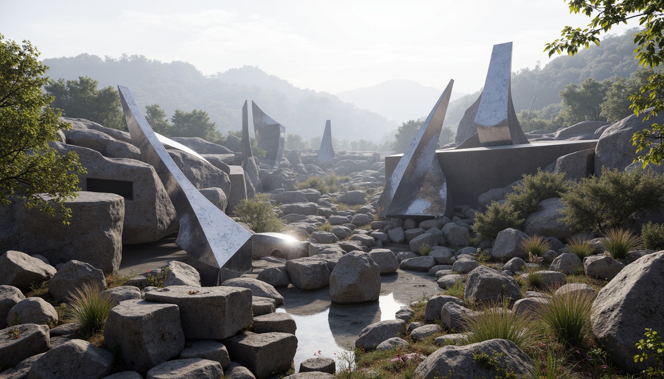 Prompt: Fragmented landscape, rocky outcrops, meandering paths, abstract sculptures, deconstructed buildings, irregular forms, fractured lines, dynamic volumes, cantilevered structures, reflective surfaces, metallic materials, bold color contrasts, dramatic lighting effects, misty atmosphere, shallow depth of field, 1/1 composition, panoramic view, realistic textures, ambient occlusion.