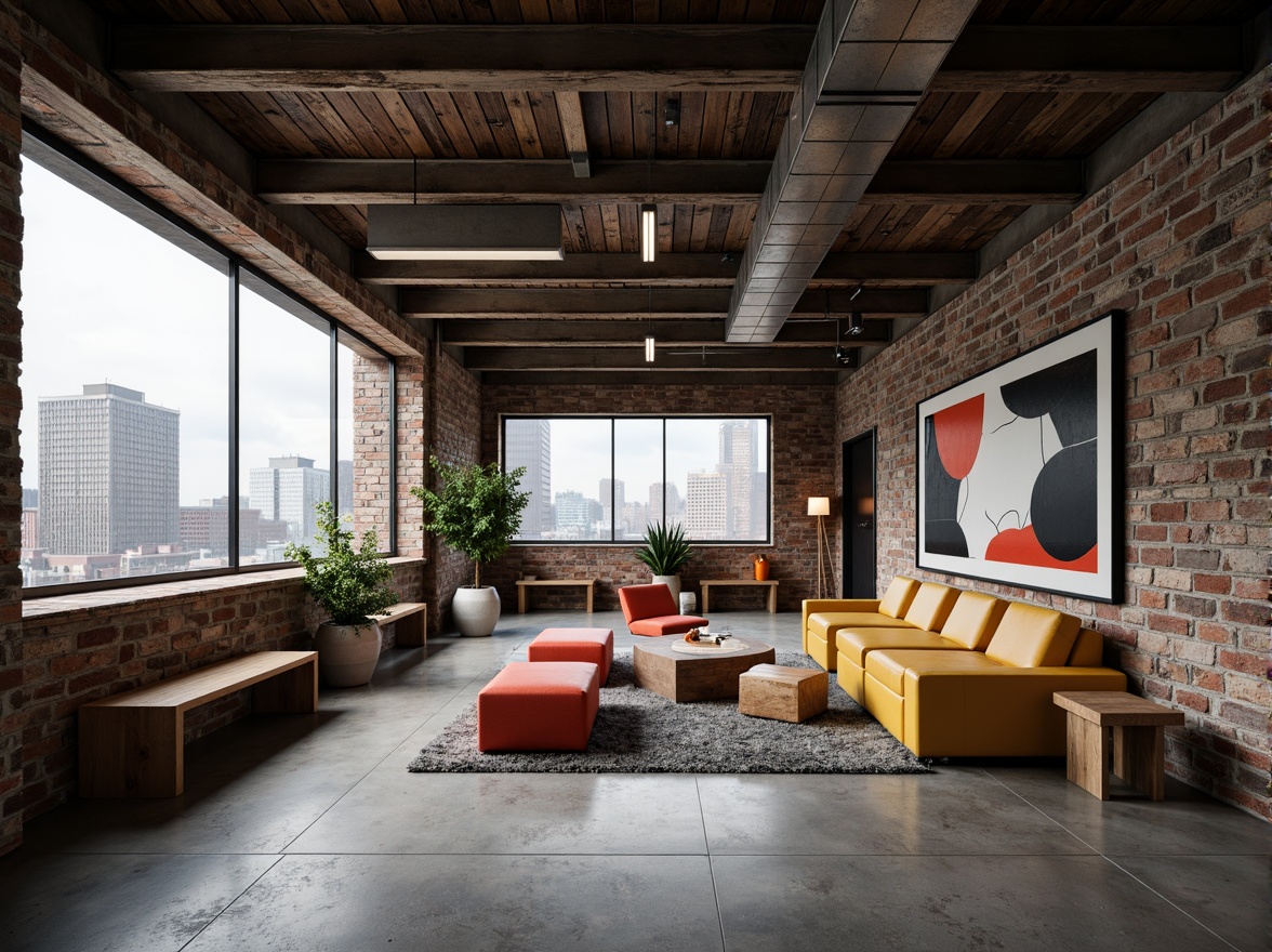 Prompt: Rustic metal beams, distressed wood planks, rough-hewn stone walls, industrial concrete floors, exposed ductwork, minimalist lighting fixtures, geometric-shaped furniture, bold color accents, abstract artwork, urban cityscape views, overcast skies, dramatic shadows, high-contrast lighting, 1/1 composition, symmetrical framing, gritty textures, ambient occlusion.