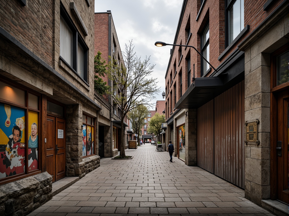 Prompt: Rough stone walls, weathered wooden planks, rusty metal cladding, smooth concrete floors, intricate tile patterns, vibrant colorful murals, natural brick facades, ornate stucco details, distressed finishes, industrial chic aesthetic, urban cityscape, cloudy grey sky, dramatic spotlighting, high contrast shadows, 1/1 composition, symmetrical framing, realistic material textures, ambient occlusion.