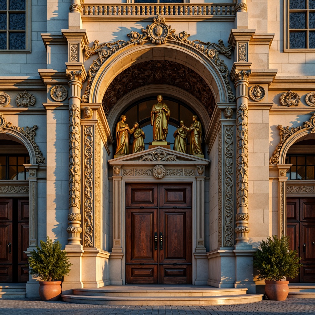 Prompt: Ornate church facade, intricately carved stone walls, gilded details, ornamental columns, grand entranceways, rusticated quoins, weathered limestone, aged bronze doors, stained glass windows, vibrant frescoes, decorative pediments, sculpted saints, lavish ornamentation, warm golden lighting, dramatic shadows, high contrast ratio, 1/2 composition, symmetrical framing, realistic normal maps.