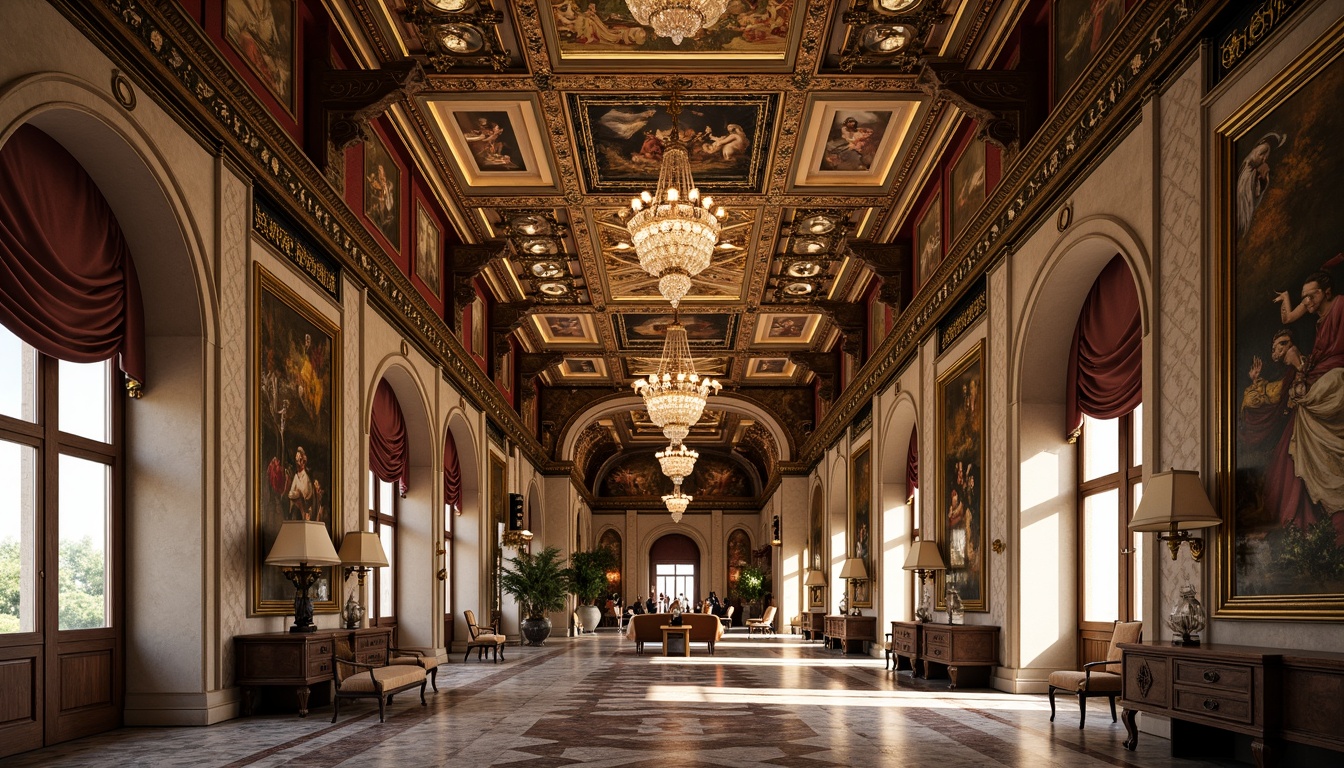 Prompt: Ornate Renaissance-style ceiling, intricate Baroque patterns, gilded details, ornamental moldings, fresco paintings, vaulted arches, grand chandeliers, crystal droplets, luxurious fabrics, rich wood tones, antique furnishings, majestic columns, marble floors, soft warm lighting, shallow depth of field, 1/1 composition, realistic textures, ambient occlusion.