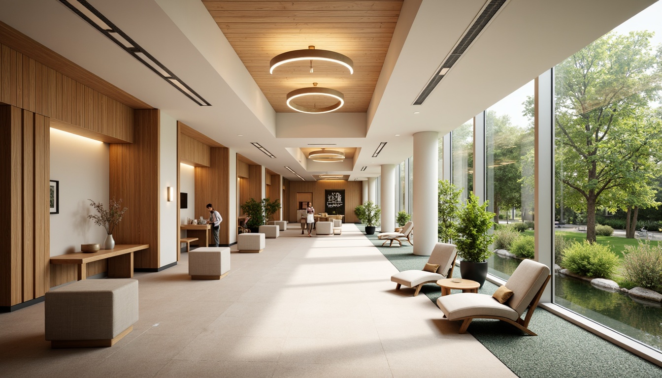 Prompt: Soothing healthcare facility, calming color schemes, natural wood accents, comfortable seating areas, gentle lighting fixtures, acoustic ceiling panels, minimalist decor, ergonomic furniture, circular nurse stations, private patient rooms, large windows, abundant natural light, serene outdoor gardens, water features, lush greenery, warm beige tones, soft carpeting, subtle textures, 1/1 composition, shallow depth of field, realistic renderings.