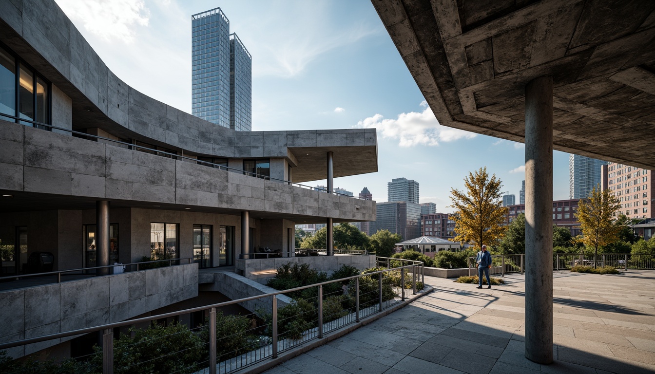 Prompt: Fragmented angular forms, exposed steel beams, rough concrete textures, dynamic cantilevered roofs, irregular shapes, bold color contrasts, abstract patterns, futuristic LED lighting, sleek metal railings, transparent glass fa\u00e7ades, brutalist architecture, industrial materials, distressed finishes, urban landscape, cityscape views, dramatic shadows, high-contrast lighting, 1/2 composition, low-angle shot, cinematic atmosphere, realistic reflections, ambient occlusion.