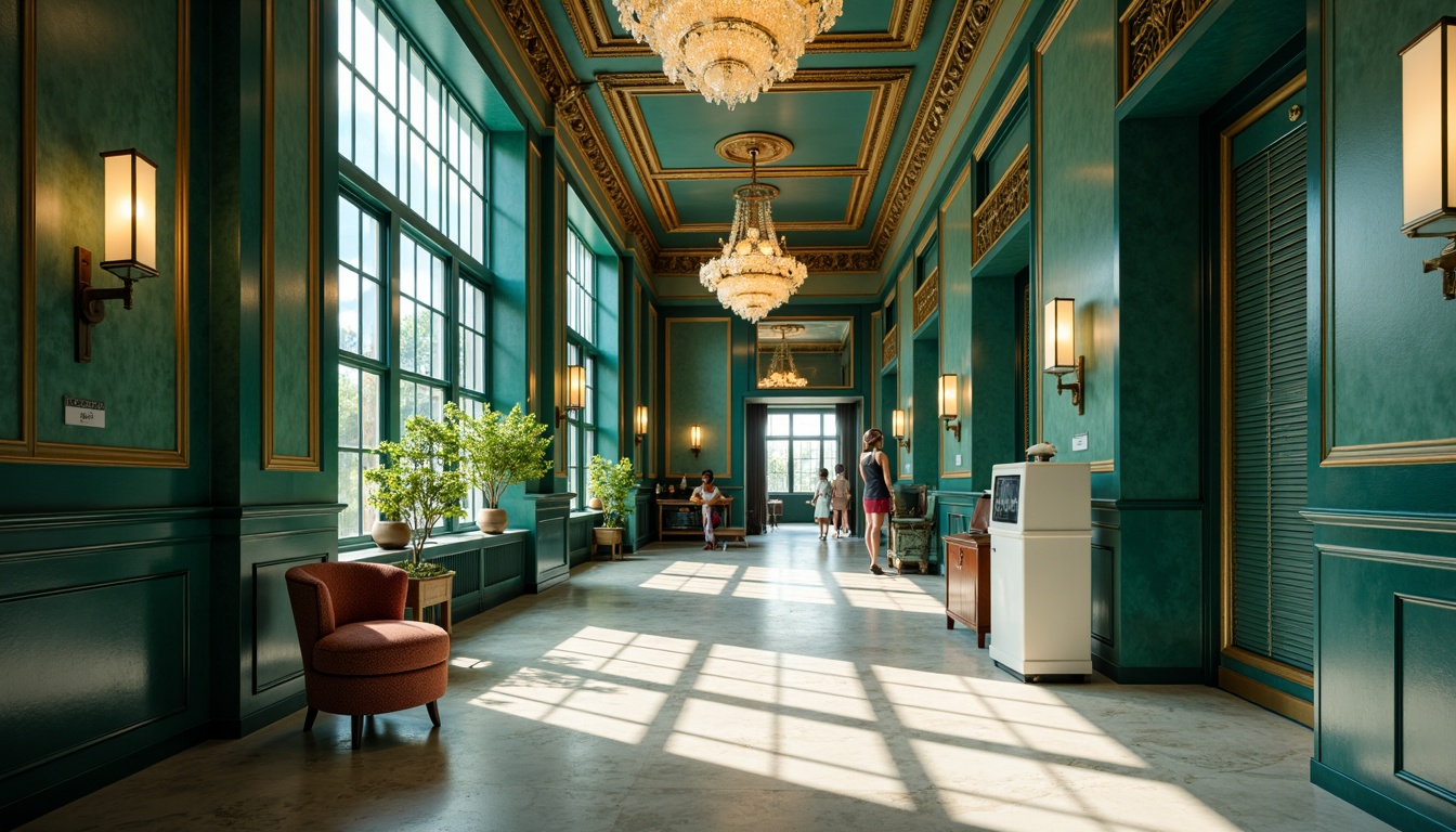 Prompt: Luxurious hospital interior, rich jewel tones, emerald green walls, navy blue accents, polished chrome fixtures, geometric patterns, ornate metalwork, lavish chandeliers, creamy white marble floors, warm golden lighting, soft focus, shallow depth of field, 1/2 composition, elegant typography, vintage medical equipment, sophisticated ambiance.