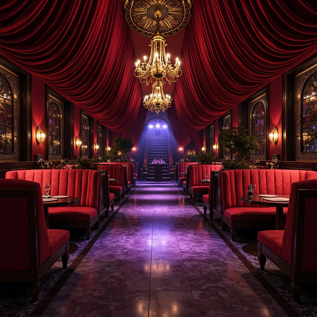 Prompt: Rich velvet drapes, ornate golden accents, lavish crimson reds, deep midnight blues, mysterious purple hues, intricate stone carvings, grandiose chandeliers, luxurious marble floors, dramatic spotlights, warm candlelight, sensual curves, opulent furnishings, lavish VIP areas, exclusive private booths, seductive ambiance, 3/4 composition, low-key lighting, cinematic atmosphere, realistic textures, ambient occlusion.