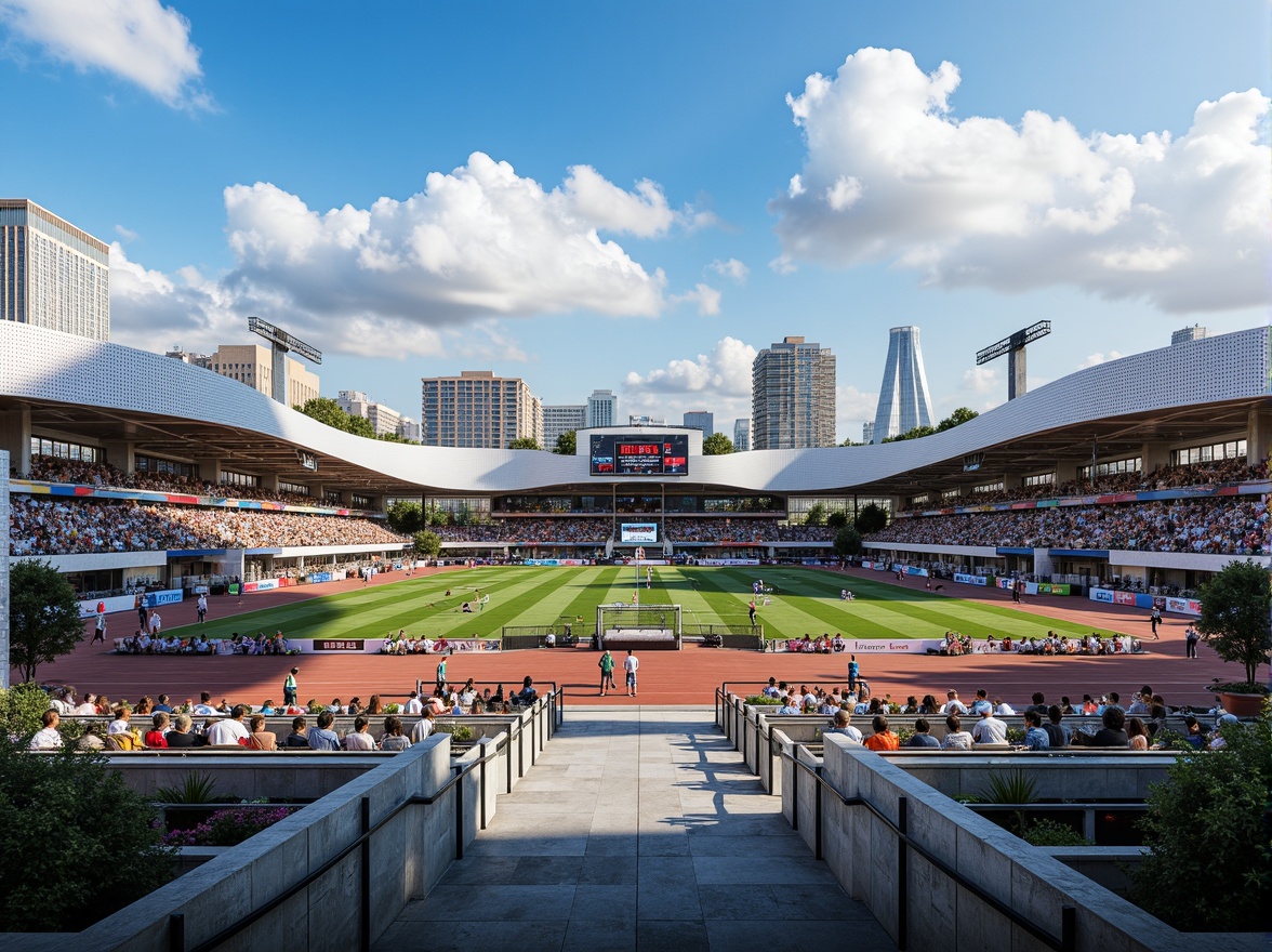 Prompt: Modern stadium architecture, perforated metal panels, sleek curved lines, cantilevered roofs, vibrant LED lighting, bustling crowd atmosphere, urban cityscape backdrop, sunny day with fluffy clouds, shallow depth of field, 1/2 composition, realistic reflections, ambient occlusion, natural stone flooring, polished concrete walls, dynamic sports equipment, athletic tracks, goalposts, scoreboards, spectator seating areas, VIP lounges, concession stands, modern amenities, sustainable building materials, energy-efficient systems.