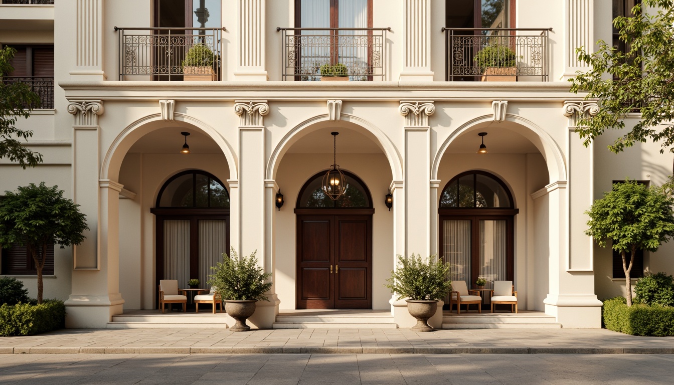 Prompt: Elegant social housing facade, neoclassical architecture style, symmetrical composition, ornate details, grand entrance, ionic columns, decorative pilasters, rusticated base, arched windows, balconies with intricate metalwork, soft cream-colored stucco, subtle texture variations, warm golden lighting, shallow depth of field, 1/2 composition, realistic materials, ambient occlusion.