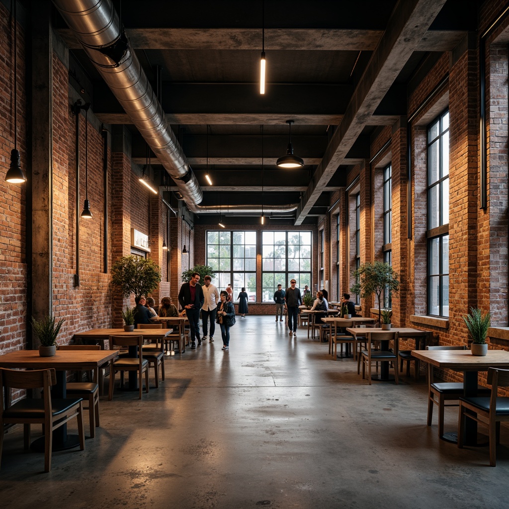 Prompt: Exposed brick walls, metal beams, reclaimed wood accents, industrial-style lighting fixtures, concrete floors, urban cityscape views, converted warehouse spaces, modern minimalist decor, functional pipes and ductwork, distressed finishes, edgy architectural lines, moody atmospheric lighting, shallow depth of field, 2/3 composition, gritty realistic textures, ambient occlusion.