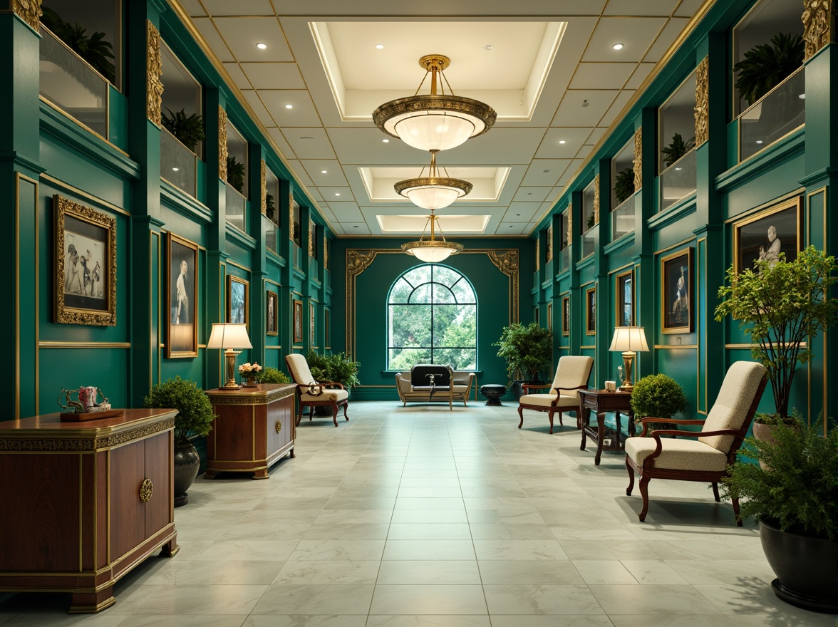 Prompt: Luxurious hospital interior, rich jewel tones, emerald green walls, navy blue accents, polished chrome fixtures, geometric patterns, ornate metalwork, lavish chandeliers, creamy white marble floors, warm golden lighting, soft focus, shallow depth of field, 1/2 composition, elegant typography, vintage medical equipment, sophisticated ambiance.