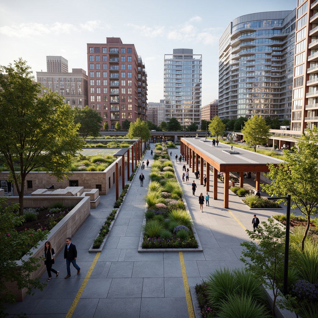 Prompt: Vibrant train station plaza, lush green roofs, natural stone walls, modern architecture, large glass canopies, steel beams, urban landscape integration, pedestrian-friendly walkways, bike lanes, public art installations, dynamic lighting systems, shallow depth of field, 3/4 composition, panoramic view, realistic textures, ambient occlusion, bustling city atmosphere, morning commute scene, soft warm lighting.