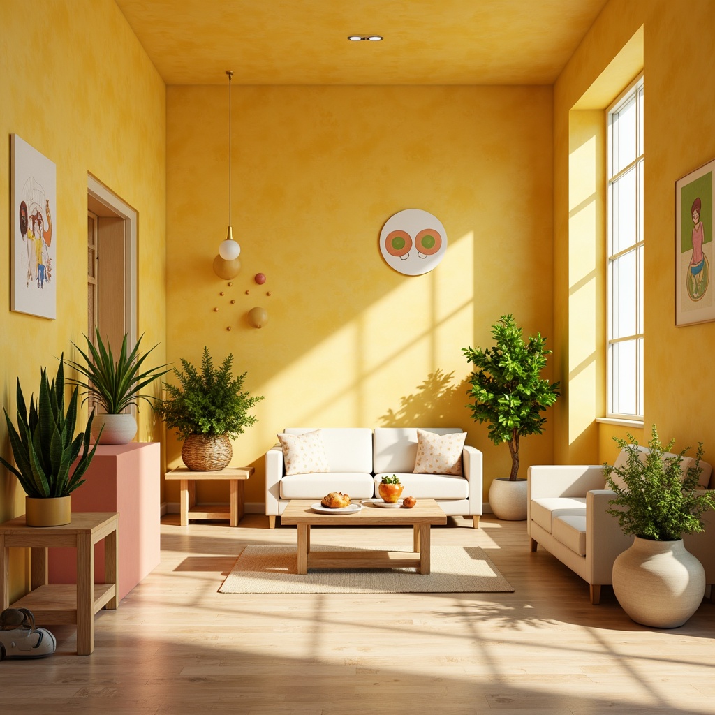 Prompt: Vibrant yellow walls, soft peach accents, creamy white furniture, lush green plants, natural wood textures, warm golden lighting, playful polka dots, whimsical illustrations, airy open spaces, cheerful citrus hues, sunny day ambiance, shallow depth of field, 1/1 composition, realistic renderings, ambient occlusion.