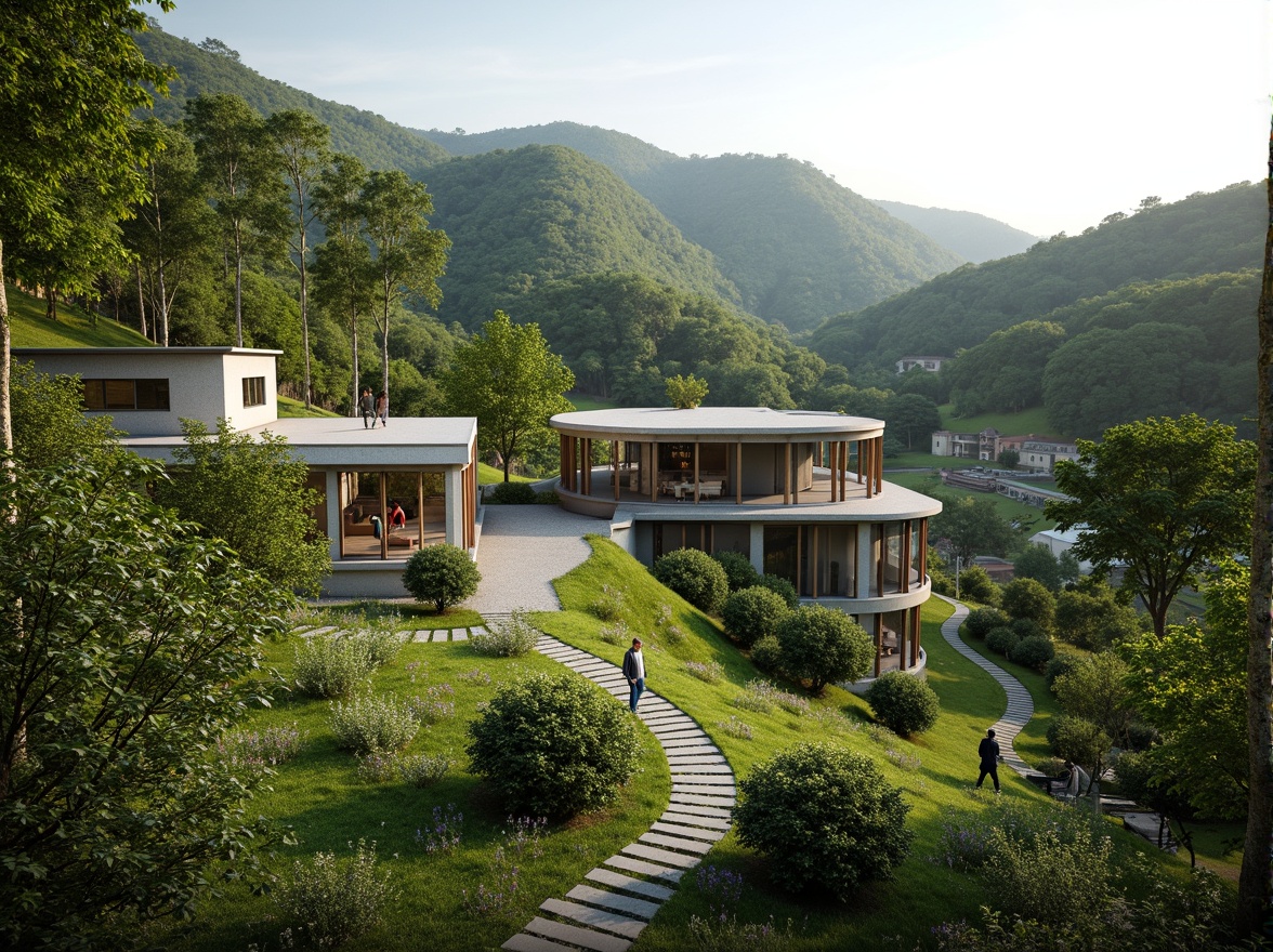 Prompt: Rustic hillside, lush green vegetation, winding stone pathways, modernist Bauhaus buildings, flat roofs, rectangular forms, industrial materials, steel frames, large windows, minimalist decor, functional design, harmonious integration, natural surroundings, rolling hills, serene atmosphere, soft diffused lighting, shallow depth of field, 2/3 composition, panoramic view, realistic textures, ambient occlusion.