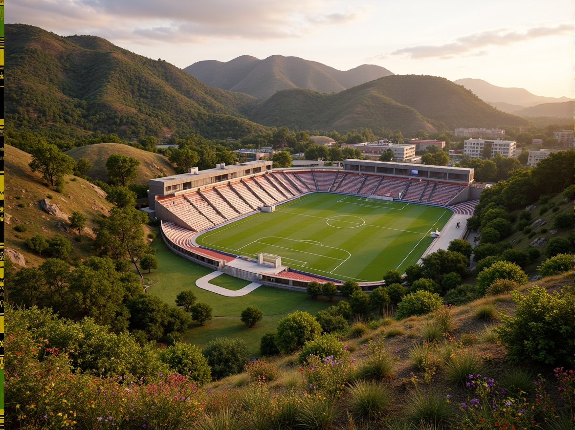 Prompt: Savanna landscape, lush green grass, scattered acacia trees, rolling hills, natural stone terracing, rustic wooden fences, soccer stadium architecture, curved grandstands, vibrant team colors, floodlighting, evening atmosphere, warm golden lighting, shallow depth of field, 3/4 composition, panoramic view, realistic textures, ambient occlusion, tropical plants, exotic flowers, meandering pathways, organic shapes, earthy tones, natural materials, eco-friendly design.