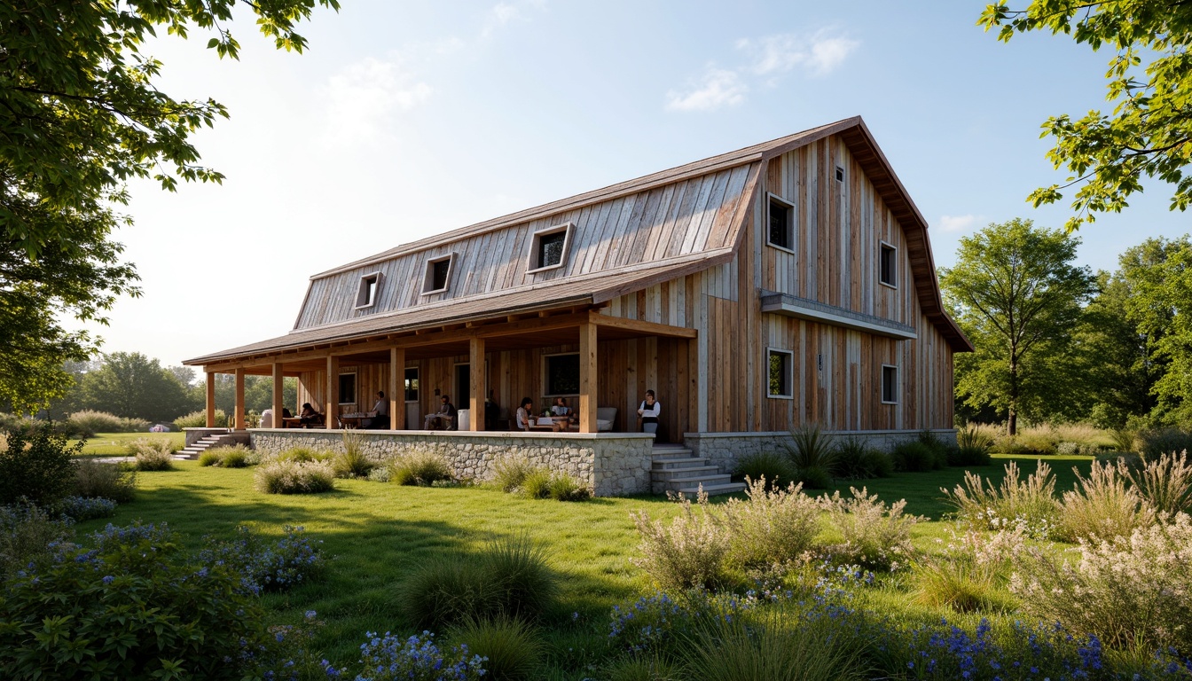 Prompt: Rustic barn, reclaimed wood, earthy tones, natural materials, weathered metal roofs, wooden beams, stone foundations, lush greenery, wildflowers, sunny day, soft warm lighting, shallow depth of field, 3/4 composition, panoramic view, realistic textures, ambient occlusion, eco-friendly design, sustainable building practices, rainwater harvesting systems, solar panels, wind turbines, composting toilets, recycled materials, low-carbon footprint, organic farm-to-table concept.