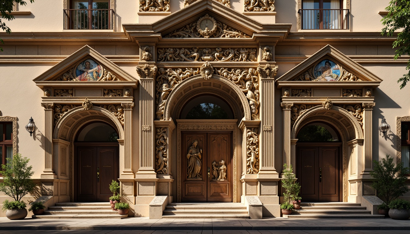 Prompt: Ornate church facade, intricately carved stone walls, gilded details, ornamental columns, grand entranceways, rusticated quoins, weathered limestone, aged bronze doors, stained glass windows, vibrant frescoes, decorative pediments, sculpted saints, lavish ornamentation, warm golden lighting, dramatic shadows, high contrast ratio, 1/2 composition, symmetrical framing, realistic normal maps.