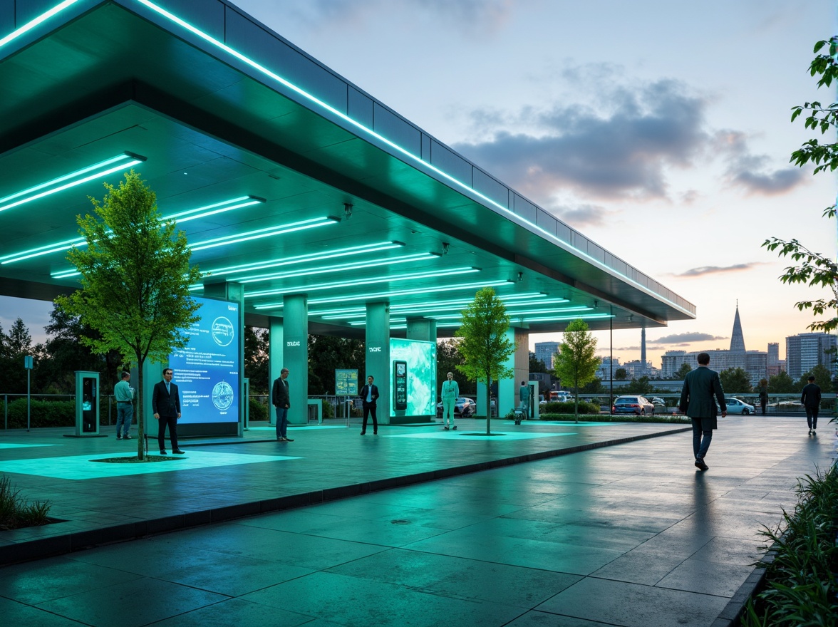 Prompt: Vibrant electric vehicle charging station, modern minimalist architecture, sleek metal columns, LED lighting strips, dynamic digital displays, futuristic design elements, calming blue-green color scheme, soothing ambient lighting, natural stone flooring, eco-friendly materials, innovative energy storage systems, urban cityscape background, cloudy sky with sunbeams, shallow depth of field, 1/1 composition, realistic textures, subtle gradient effects.