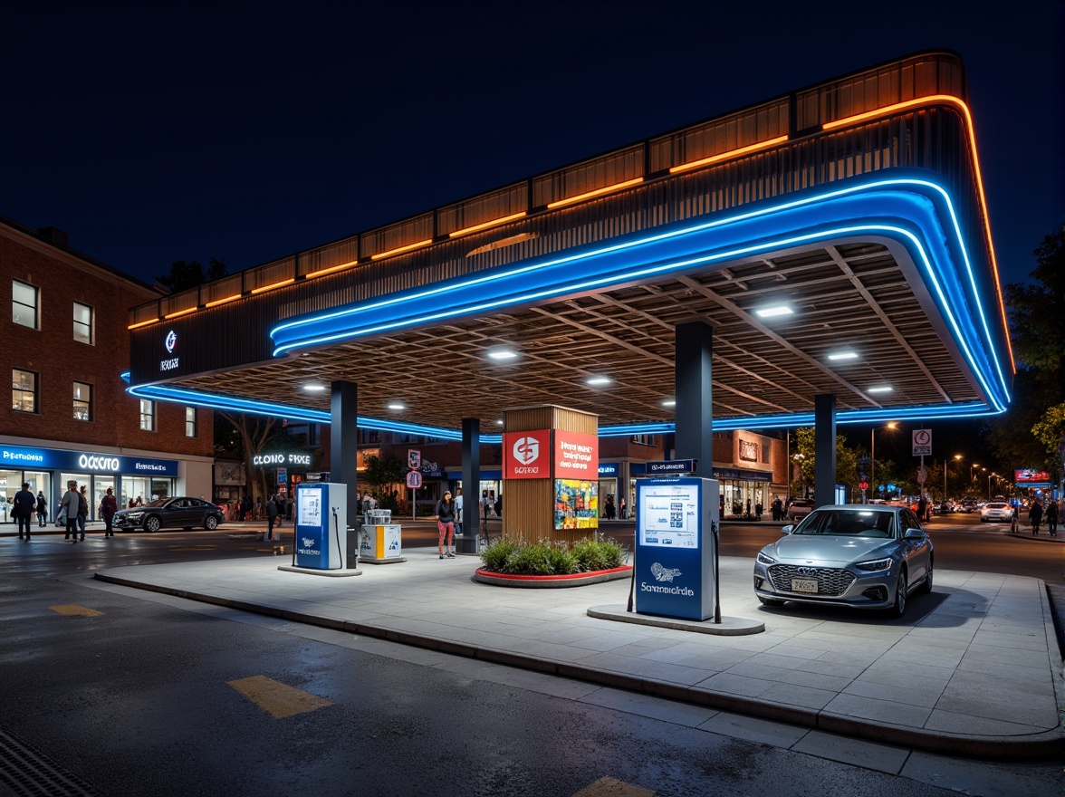 Prompt: Rustic gas station, industrial metal framework, corrugated steel roofs, concrete floors, neon signage, bold color schemes, futuristic fuel pumps, sleek LED lighting, modern minimalist design, urban cityscape, busy streets, vibrant night scenes, shallow depth of field, 1/1 composition, realistic textures, ambient occlusion.