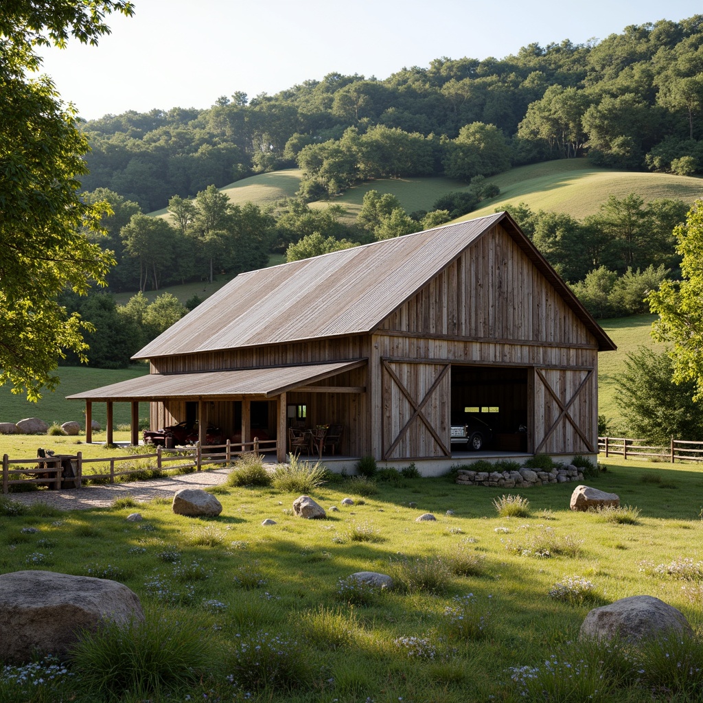 Prompt: Rustic barn, natural surroundings, rolling hills, lush green meadows, wildflowers, wooden fences, stone walls, earthy tones, weathered wood, corrugated metal roofs, sliding barn doors, hayloft windows, vintage farm equipment, rural landscape, serene atmosphere, warm sunlight, soft shadows, 1/1 composition, symmetrical framing, realistic textures, ambient occlusion.