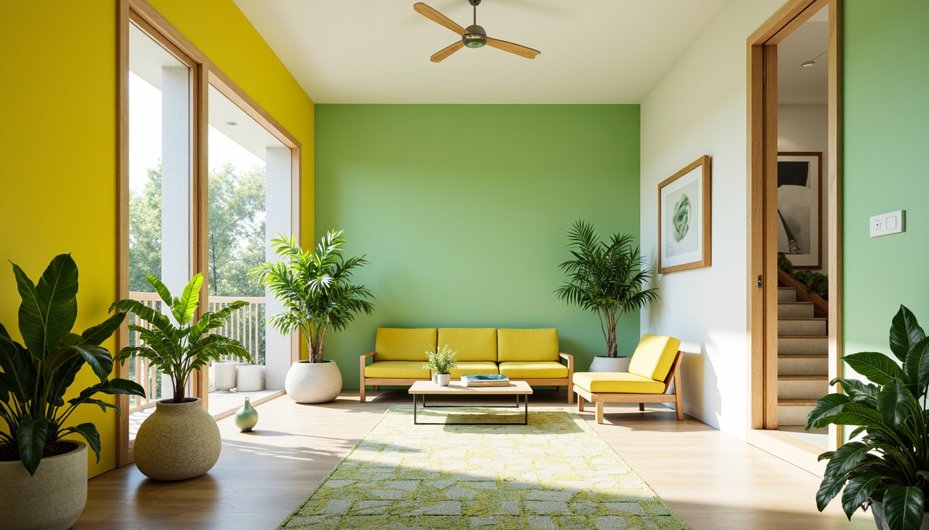 Prompt: Vibrant lime green accents, pastel yellow hues, soft mint undertones, creamy white walls, natural wood textures, modern minimalist furniture, sleek metal frames, geometric patterned rugs, abundant tropical plants, warm sunny day, shallow depth of field, 1/1 composition, realistic reflections, ambient occlusion.