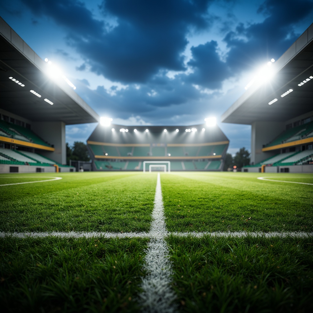 Prompt: Stadium atmosphere, lush green grass, athletic tracks, sports equipment, goalposts, floodlights, LED lighting, warm white tones, high-contrast shadows, dramatic spotlighting, misty evening air, soft focus, shallow depth of field, 1/2 composition, wide-angle lens, realistic textures, ambient occlusion.