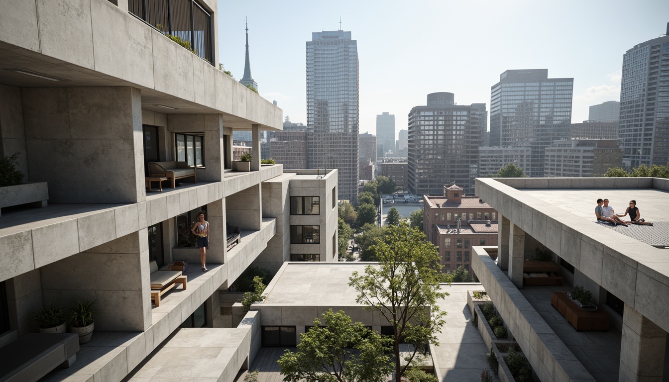 Prompt: Exposed concrete structures, industrial chic aesthetic, raw unfinished materials, brutalist architecture, functional simplicity, minimalist ornamentation, honest expression of function, clean lines, rectangular forms, cantilevered roofs, large windows, natural light, urban context, cityscape views, modern metropolitan feel, neutral color palette, subtle textures, 1/1 composition, high contrast lighting, dramatic shadows, realistic renderings.