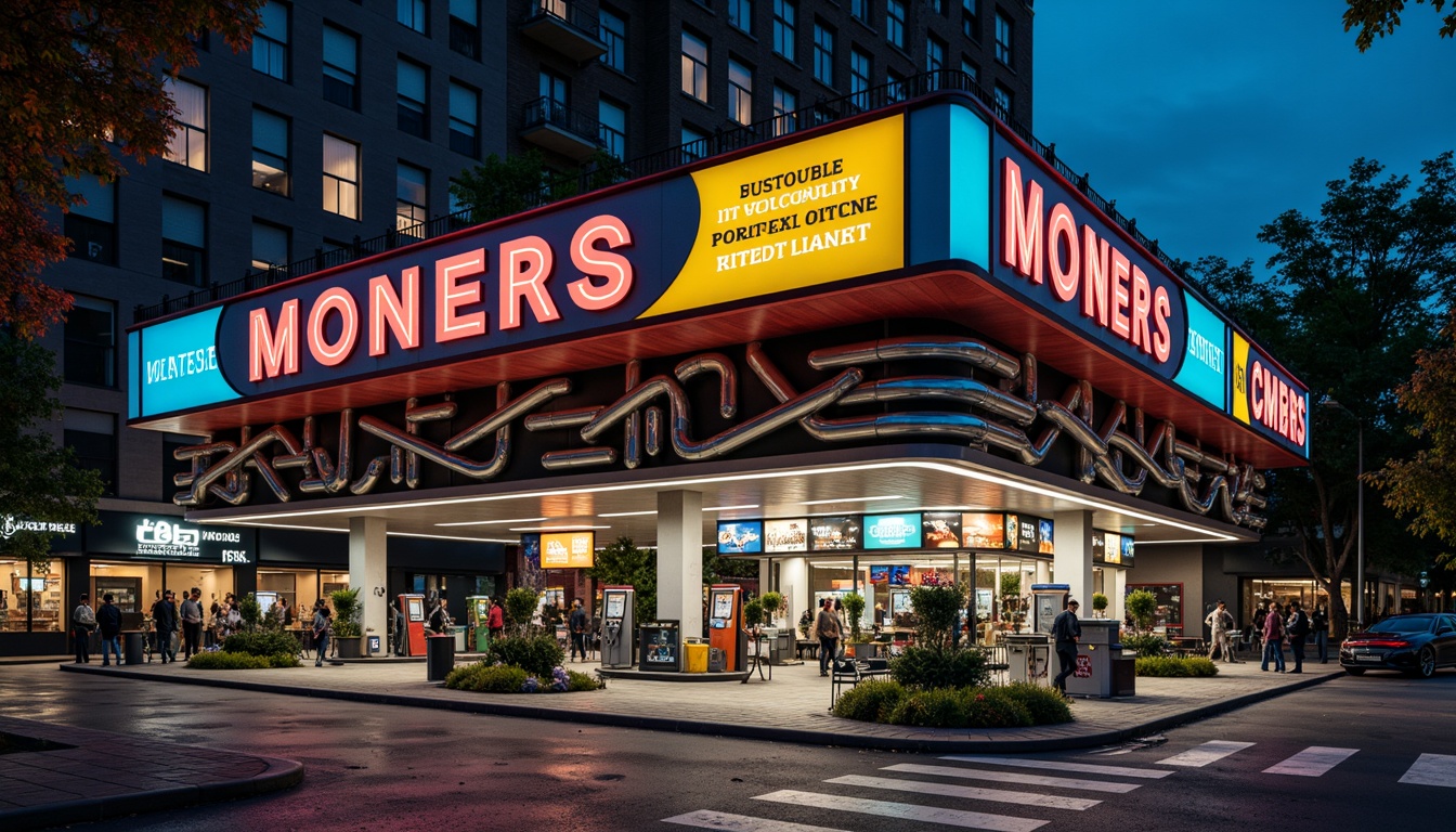 Prompt: Vibrant gas station, eclectic facade design, bold color scheme, irregular shapes, mixed materials, industrial pipes, neon signs, retro-futuristic elements, distressed textures, urban landscape, busy streets, city lights, dramatic night lighting, high-contrast shadows, dynamic composition, 1/2 format, cinematic atmosphere, realistic reflections.