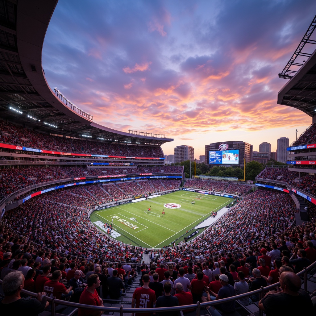 Prompt: Vibrant stadium atmosphere, energetic crowd, dynamic sports lighting, bold team colors, contrasting shades, gradient effects, metallic accents, sleek modern architecture, curved lines, geometric patterns, urban landscape, city skyline, evening sunset, warm golden hour, soft ambient glow, 1/2 composition, shallow depth of field, realistic textures, ambient occlusion.