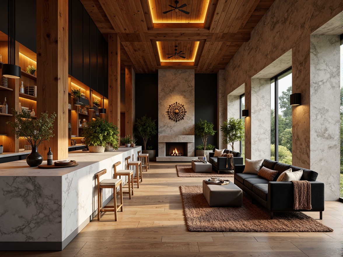 Prompt: Elegant interior space, rich wood accents, luxurious marble countertops, soft warm lighting, plush area rugs, comfortable velvet sofas, natural stone walls, reclaimed wooden floors, metallic decorative fixtures, earthy color palette, organic textures, subtle patterns, harmonious balance, 1/1 composition, shallow depth of field, realistic rendering.