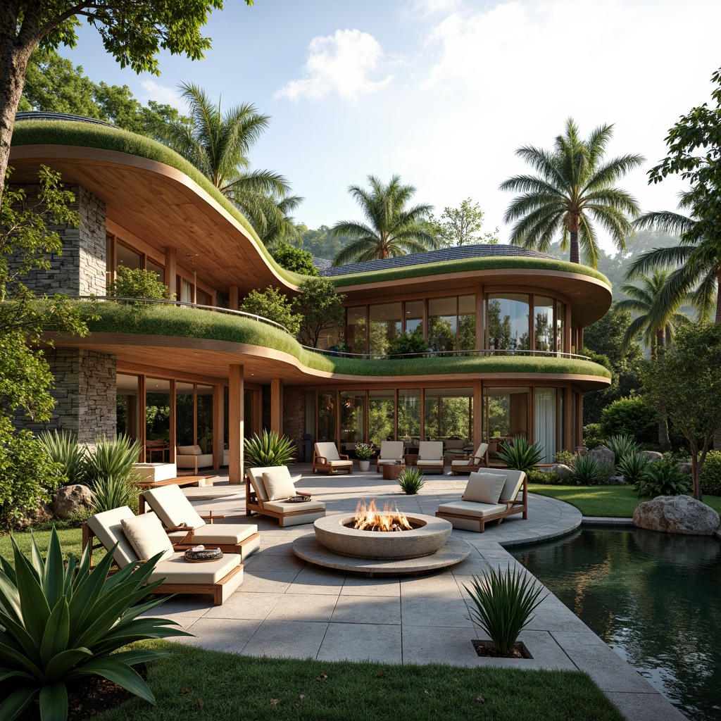 Prompt: Villa metabolism style, modern curved lines, green roofs, solar panels, natural stone walls, wooden accents, floor-to-ceiling windows, sliding glass doors, open-plan living spaces, minimalist decor, earthy color palette, lush greenery, tropical plants, warm sunny day, soft diffused lighting, shallow depth of field, 1/1 composition, realistic textures, ambient occlusion.