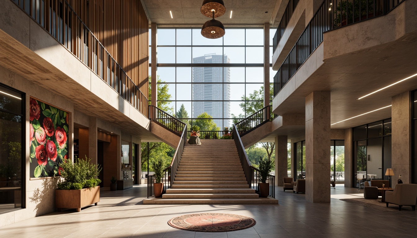 Prompt: Grand staircase, polished marble floors, ornate metal railings, natural stone walls, wooden paneling, vibrant murals, intricate mosaics, ambient lighting, spacious atriums, modern architecture, sleek glass facades, reflective surfaces, urban cityscape, bustling streets, morning sunlight, shallow depth of field, 1/2 composition, realistic textures, detailed normal maps.