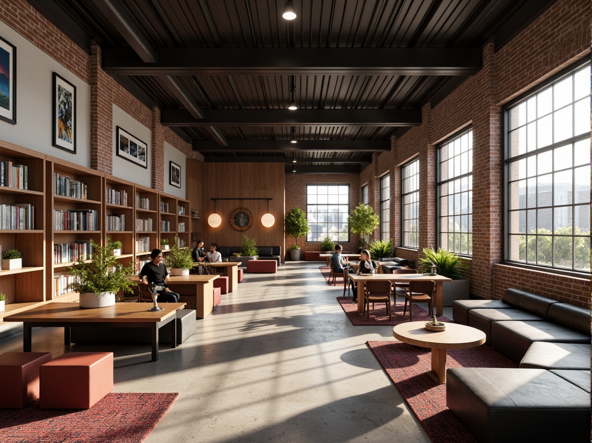 Prompt: Minimalist library interior, industrial chic aesthetic, exposed brick walls, polished concrete floors, steel beams, functional shelving units, geometric-shaped tables, leather-bound books, metal reading lamps, natural light pouring in through large windows, open floor plan, flexible seating areas, modular furniture, bold color accents, graphic textiles, abstract artwork, modernist sculptures, warm atmospheric lighting, shallow depth of field, 1/1 composition, realistic textures, ambient occlusion.