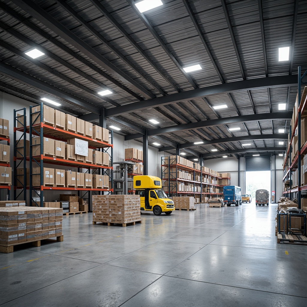 Prompt: Modern distribution center, high-ceiling warehouse, industrial shelving systems, efficient storage solutions, automated conveyor belts, loading docks, freight elevators, commercial lighting fixtures, polished concrete floors, steel beams, minimalist interior design, functional color scheme, optimized workflow layout, 1/1 composition, softbox lighting, realistic textures, ambient occlusion.