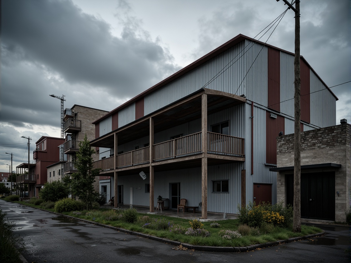 Prompt: Industrial warehouse, galvanized steel structure, corrugated metal sheets, rustic aesthetic, distressed finishes, urban landscape, cloudy sky, dramatic lighting, high contrast, shallow depth of field, 1/2 composition, realistic textures, ambient occlusion.