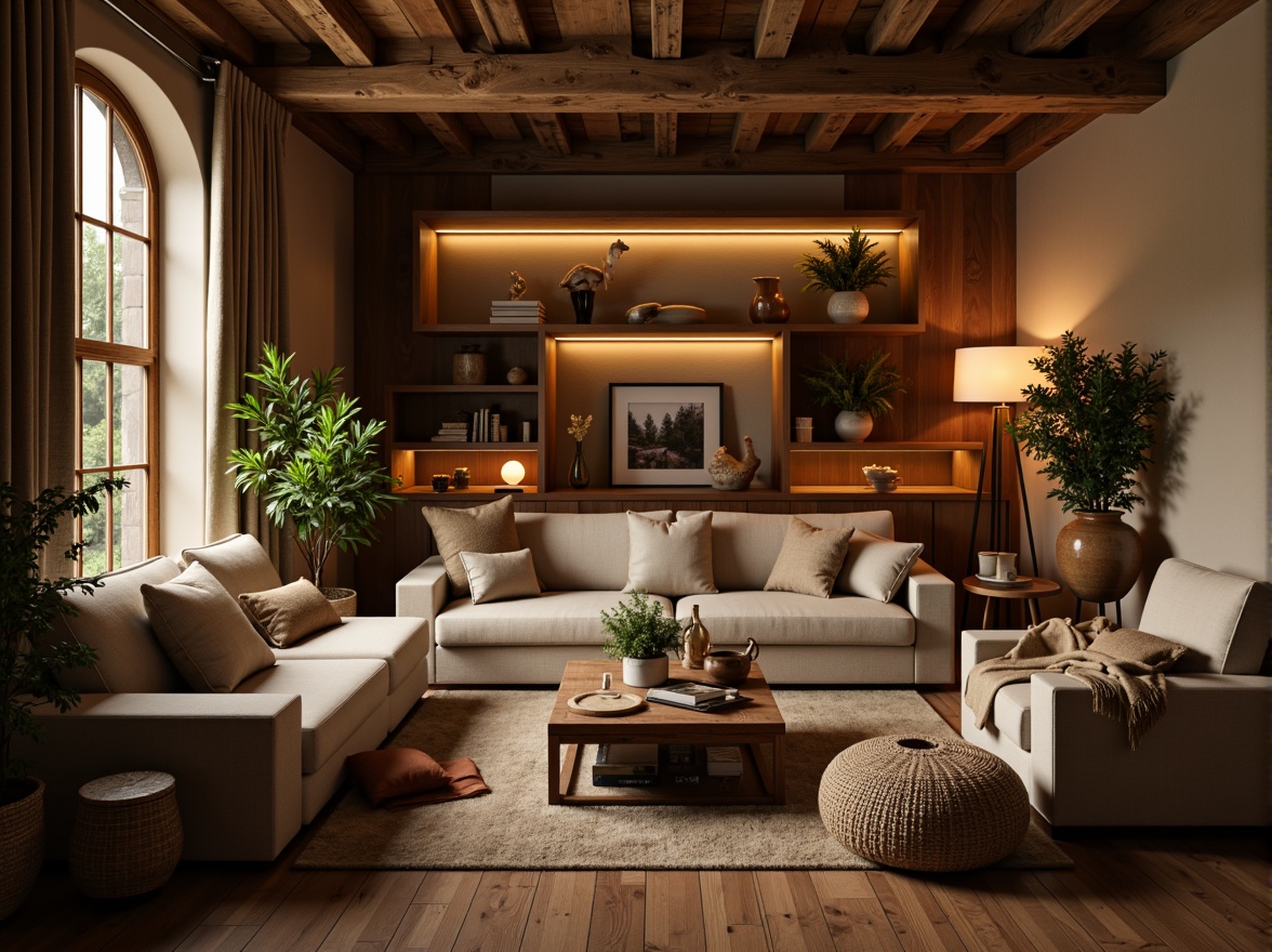 Prompt: Cozy living room, plush sofas, soft cushions, warm throw blankets, natural fiber upholstery, velvet fabrics, subtle sheen, earthy tones, comfortable seating, ergonomic design, ambient lighting, floor lamps, table lamps, warm beige walls, dark wood accents, woven baskets, potted plants, calming atmosphere, relaxing ambiance, soft focus, shallow depth of field, 1/1 composition, realistic textures.