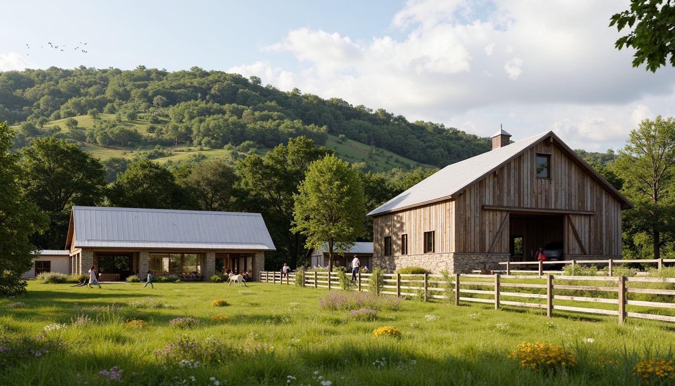 Prompt: Rustic barn, natural surroundings, rolling hills, lush green meadows, wildflowers, wooden fences, stone walls, earthy tones, weathered wood, corrugated metal roofs, sliding glass doors, modern farmhouse style, open floor plans, reclaimed wood accents, exposed beams, natural light pouring in, warm cozy atmosphere, soft focus, shallow depth of field, 1/2 composition, serene ambiance, realistic textures, ambient occlusion.