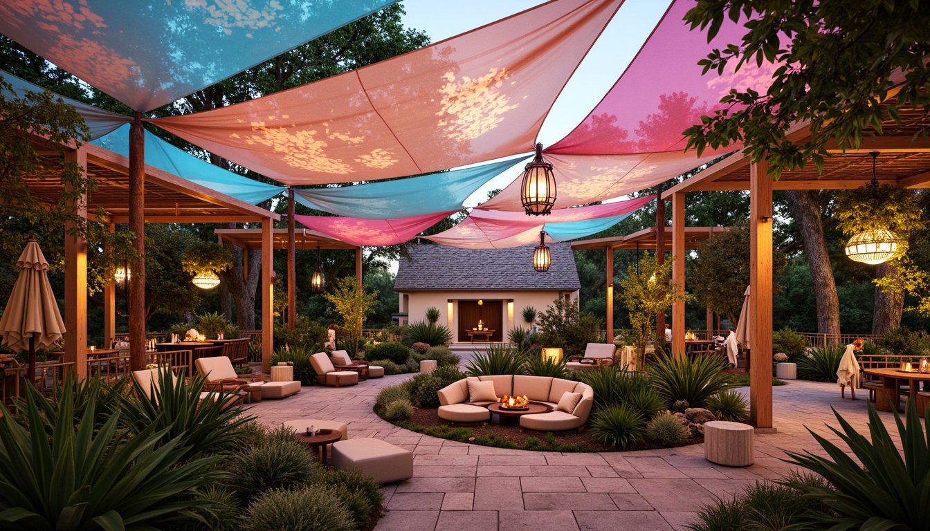 Prompt: Vibrant pavilion, iridescent hues, shimmering fabrics, translucent canopies, gleaming metallic accents, pastel-colored lanterns, soft warm lighting, lush greenery surroundings, natural stone pathways, intricate wooden latticework, ornate metal details, whimsical patterns, eclectic textures, bohemian-inspired decor, playful color blocking, 1/1 composition, shallow depth of field, realistic reflections.