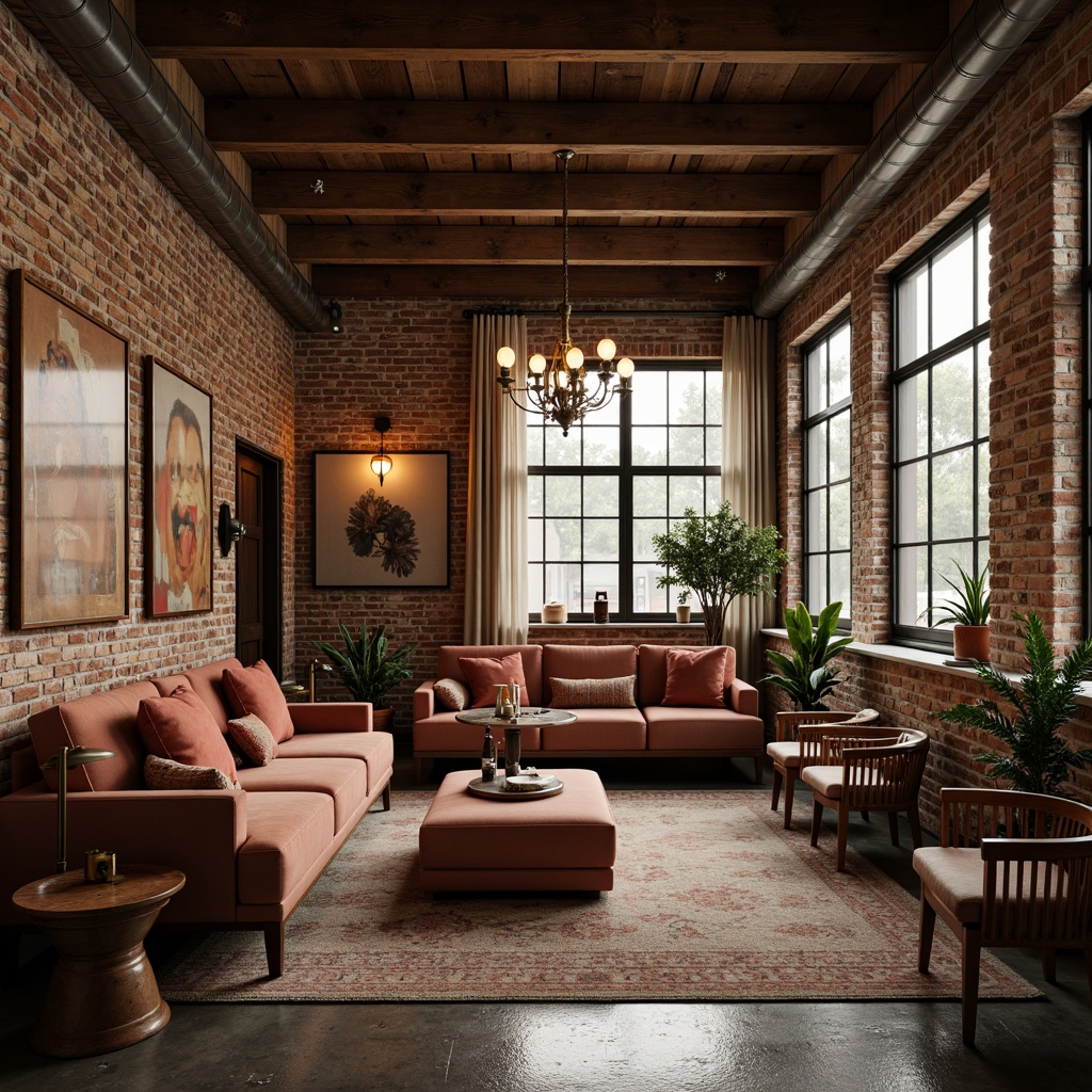 Prompt: Warm industrial loft, exposed brick walls, wooden beams, metal accents, soft warm lighting, cozy atmosphere, romantic ambiance, rich earthy tones, muted pastel hues, distressed wood textures, vintage decorative items, plush velvet fabrics, ornate metal fixtures, dimmable pendant lamps, eclectic artwork, natural stone flooring, reclaimed wood furniture, intimate seating areas, dramatic drapery, moody color palette, warm beige tones, soft peach accents, dusty rose undertones, muted sage greens, weathered copper details.