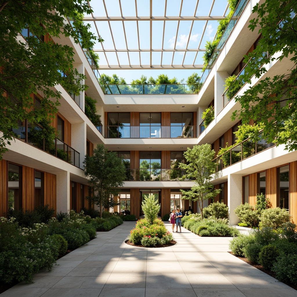 Prompt: Vibrant atrium, lush greenery, natural stone walls, wooden accents, floor-to-ceiling windows, clerestory windows, skylights, open floor plans, minimal obstructions, reflective surfaces, bright airy spaces, warm sunny days, soft diffused lighting, shallow depth of field, 1/1 composition, panoramic view, realistic textures, ambient occlusion.