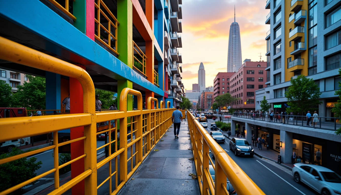 Prompt: Vibrant pedestrian bridge, bold color blocking, bright yellow railings, deep blue accents, neon green highlights, sleek metal beams, industrial textures, urban cityscape, bustling streets, modern skyscrapers, abstract geometric patterns, dynamic lighting effects, warm sunset ambiance, shallow depth of field, 1/1 composition, realistic reflections, ambient occlusion.