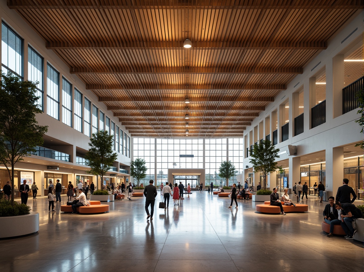 Prompt: Vibrant airport terminal, regional cultural influences, warm earthy tones, natural stone accents, wooden textures, subtle metallic sheens, airy open spaces, abundant natural light, modern minimalist architecture, sleek glass facades, dynamic LED lighting, bustling atmosphere, diverse passenger demographics, global connectivity, 1/2 composition, shallow depth of field, realistic reflections.