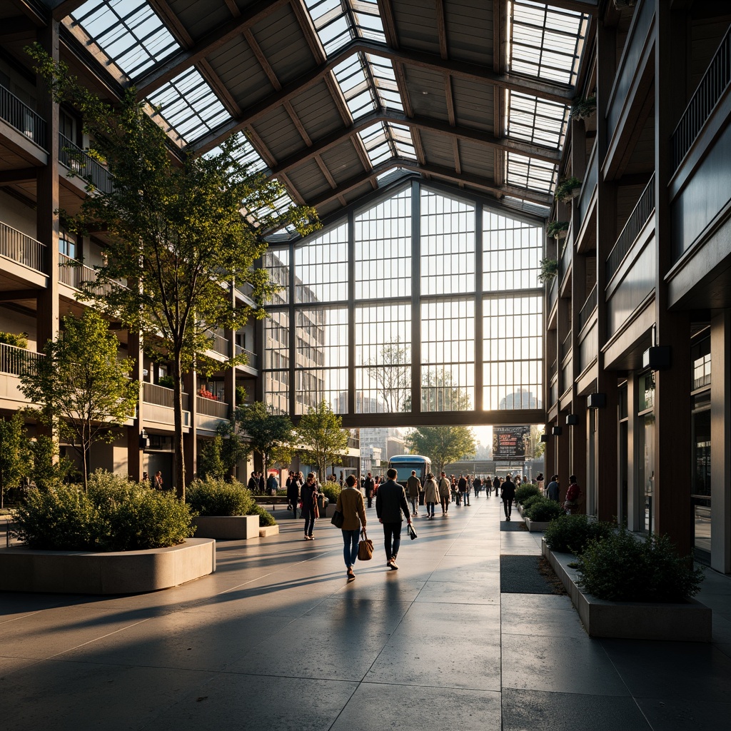 Prompt: Grand train station, high ceilings, large windows, natural light pouring in, steel beams, industrial architecture, modern design, urban atmosphere, busy commuters, rush hour scene, soft warm lighting, shallow depth of field, 1/1 composition, realistic textures, ambient occlusion, glass roofs, skylights, clerestory windows, open spaces, pedestrian walkways, public art installations, urban furniture, greenery, plants, trees.