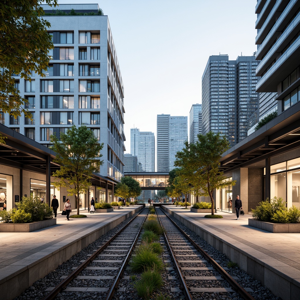 Prompt: Modern train station, sleek glass roofs, rainwater harvesting systems, green walls, lush vegetation, natural stone flooring, stainless steel handrails, LED lighting, energy-efficient systems, water conservation measures, grey water reuse, flood-resistant design, elevated platforms, cantilevered canopies, transparent glass fa\u00e7ades, urban landscape views, bustling city atmosphere, soft warm lighting, shallow depth of field, 3/4 composition, panoramic view, realistic textures, ambient occlusion.