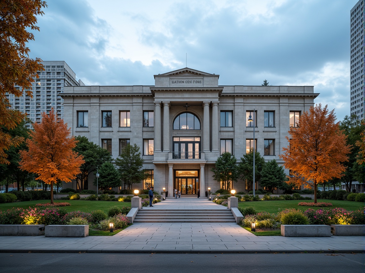 Prompt: Grand courthouse building, neoclassical architecture, symmetrical facade, granite stone walls, ornate columns, majestic entrance, manicured lawns, vibrant flower beds, walking paths, mature trees, seasonal foliage, natural stone benches, modern streetlights, urban cityscape, cloudy blue sky, soft warm lighting, shallow depth of field, 1/2 composition, realistic textures, ambient occlusion.