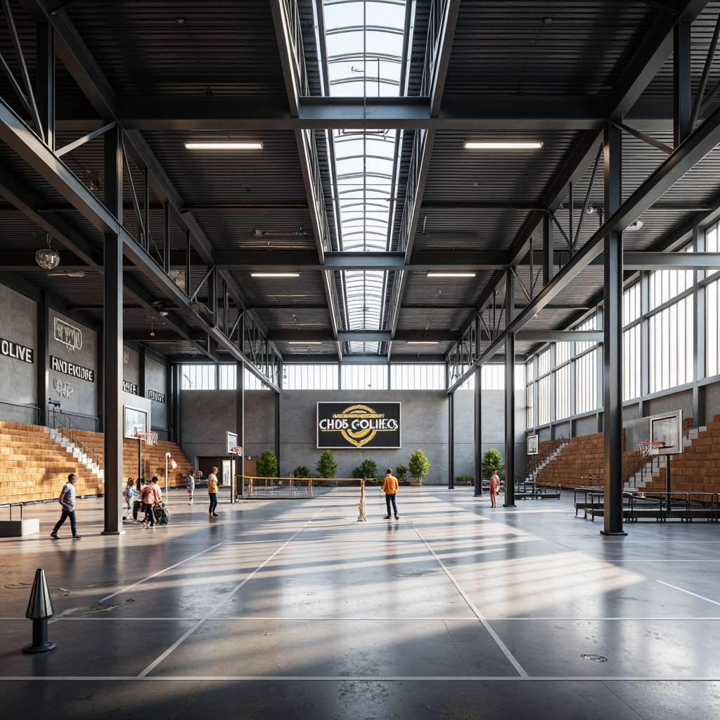 Prompt: Modern gymnasium interior, exposed structural frame, sleek steel beams, minimalist columns, polished concrete floors, industrial-style lighting, large windows, natural ventilation, open spaces, athletic equipment, basketball hoops, volleyball nets, exercise machines, wooden bleachers, dynamic color scheme, bold typography, geometric patterns, urban atmosphere, high ceilings, abundant natural light, shallow depth of field, 1/1 composition, realistic textures, ambient occlusion.