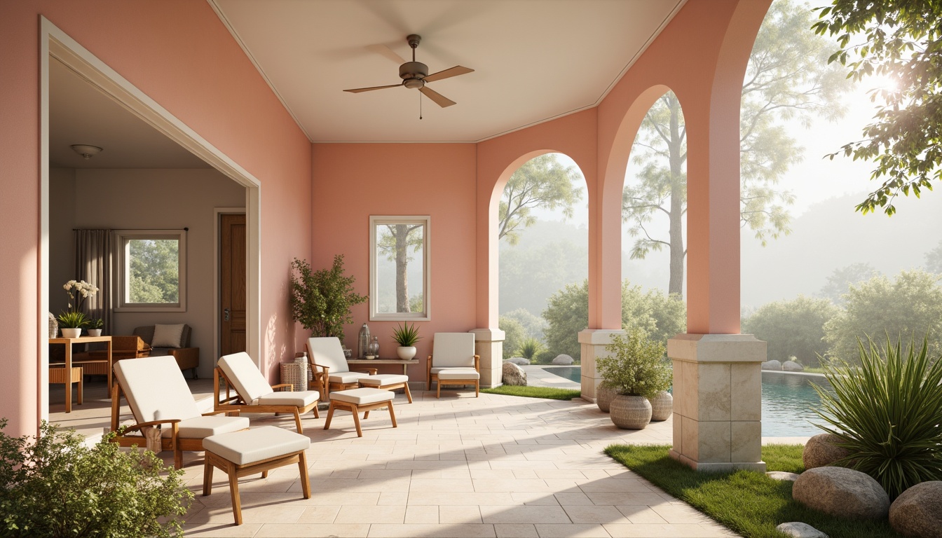 Prompt: Soft peach walls, creamy white trim, pale lavender accents, warm beige floors, natural wood furniture, lush greenery, delicate florals, gentle water features, serene ambient lighting, soft misty atmosphere, shallow depth of field, 1/1 composition, realistic textures, subtle color gradations, calming mood, peaceful ambiance.