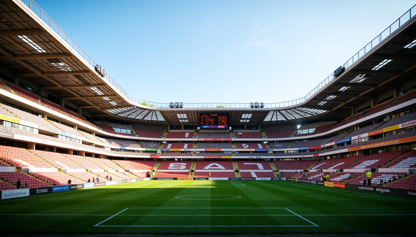 Prompt: Streamlined soccer stadium, curved lines, aerodynamic shapes, vibrant team colors, tiered seating arrangement, comfortable cushioned chairs, ample legroom, ergonomic design, sleek metal railings, transparent glass barriers, modern LED scoreboards, dynamic lighting systems, lush green grass, sunny day, shallow depth of field, 3/4 composition, panoramic view, realistic textures, ambient occlusion.