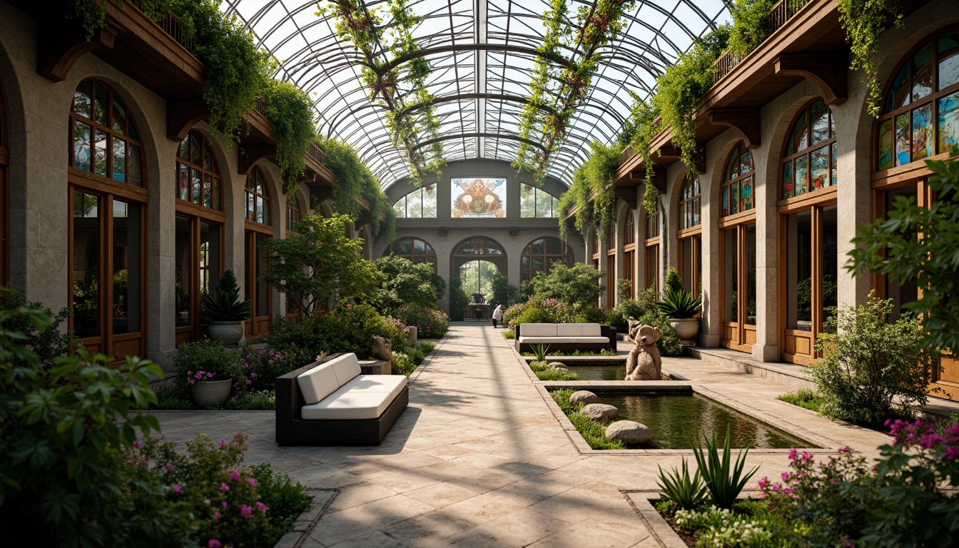 Prompt: Intricate ironwork, curved glass roofs, lush greenery, exotic flowers, delicate tendrils, ornate wooden doors, stained glass windows, vibrant colorful tiles, natural stone walls, whimsical sculptures, soft warm lighting, shallow depth of field, 3/4 composition, panoramic view, realistic textures, ambient occlusion, tropical plants, misty atmosphere, romantic ambiance, elegant furnishings, flowing water features, small ponds, winding paths, rustic benches.