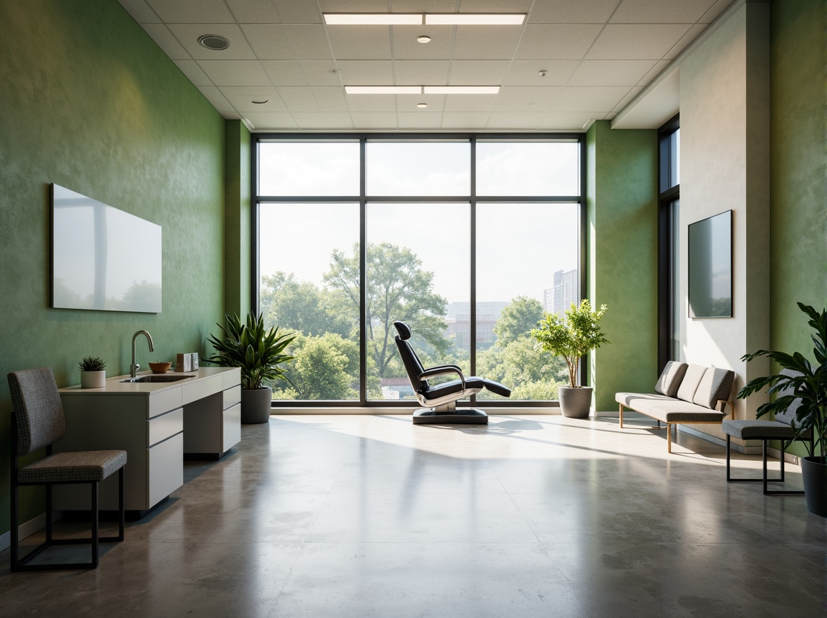 Prompt: Minimalist clinic interior, clean lines, monochromatic color scheme, sleek metal furniture, polished concrete floors, abundant natural light, floor-to-ceiling windows, green walls, calming ambiance, modern medical equipment, stainless steel surfaces, ergonomic chairs, minimalist decor, subtle textures, soft warm lighting, shallow depth of field, 3/4 composition, realistic renderings, ambient occlusion.